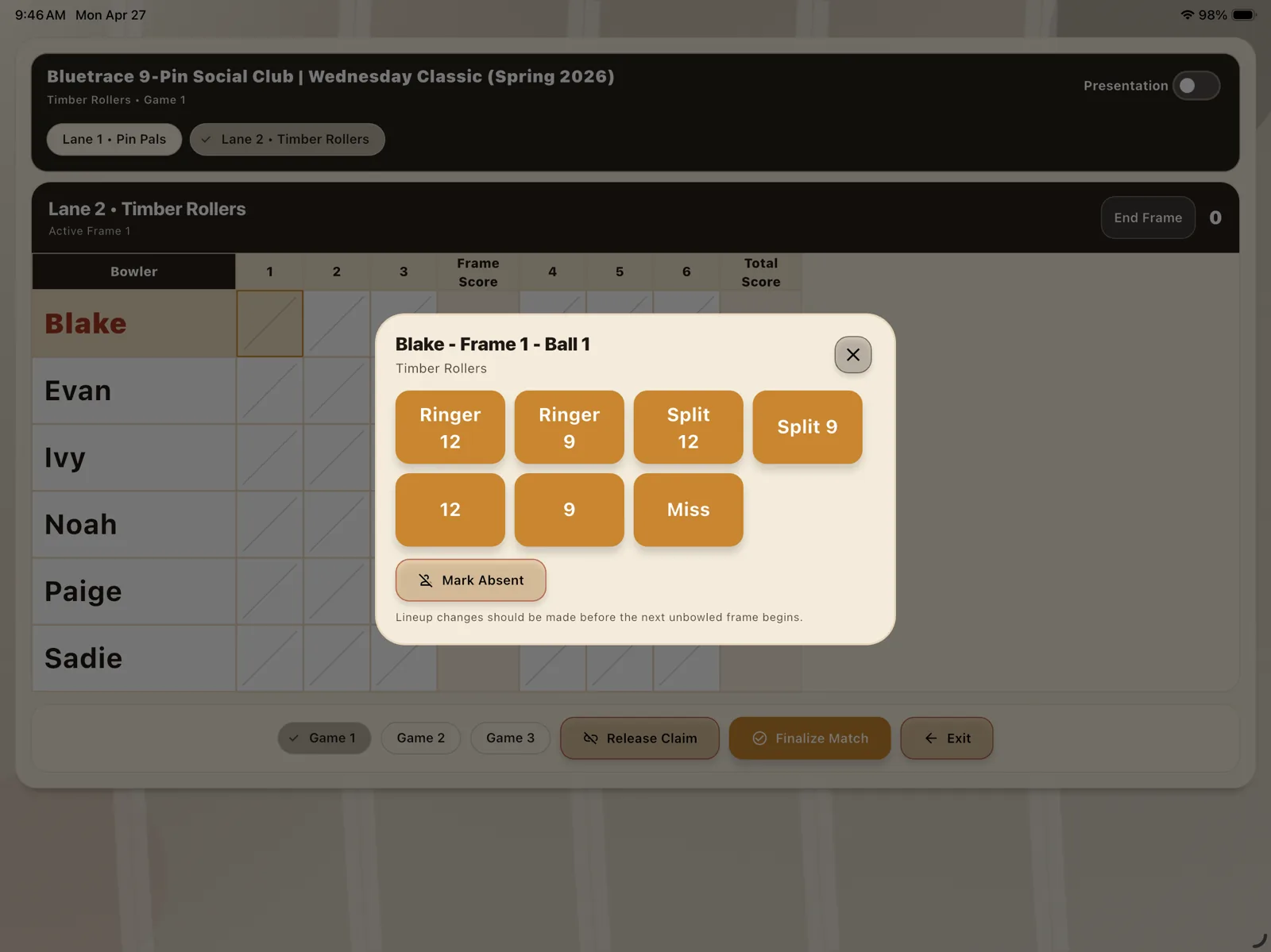 Scorepad for entering a ball, with pin buttons for ringer, ringer 12, and pin counts
