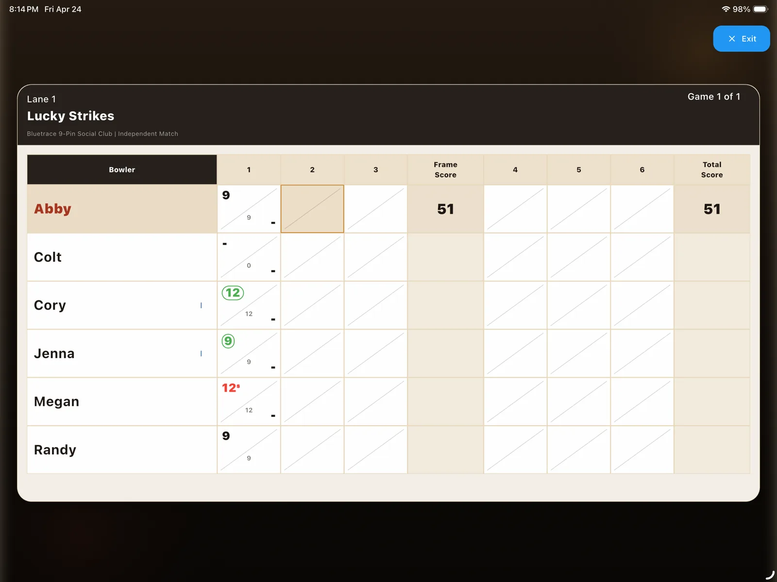 9-Pin Scorer live scoring screen showing a team scorecard with frames, ringers, and running totals